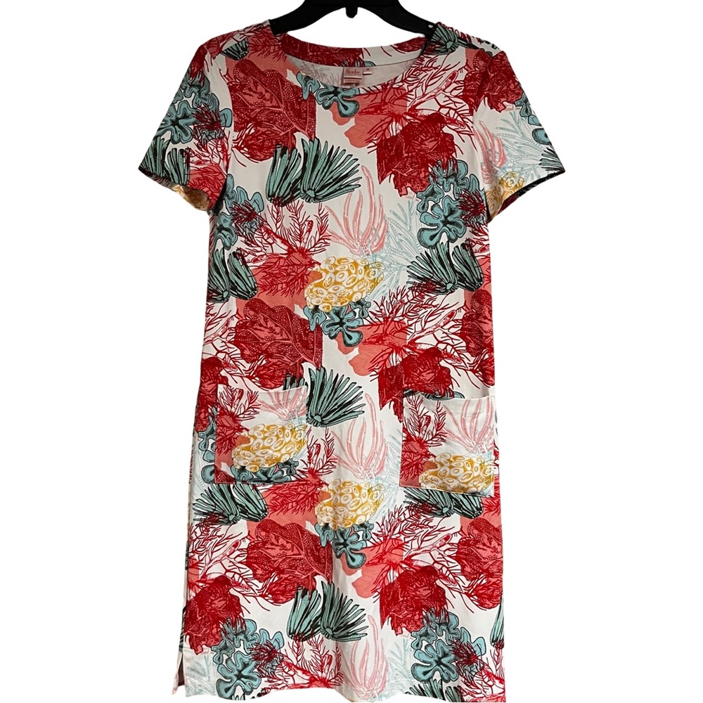NWOT Persifor Womens Coral Teal Sea Life Print Short Sleeve Shift Dress Size M